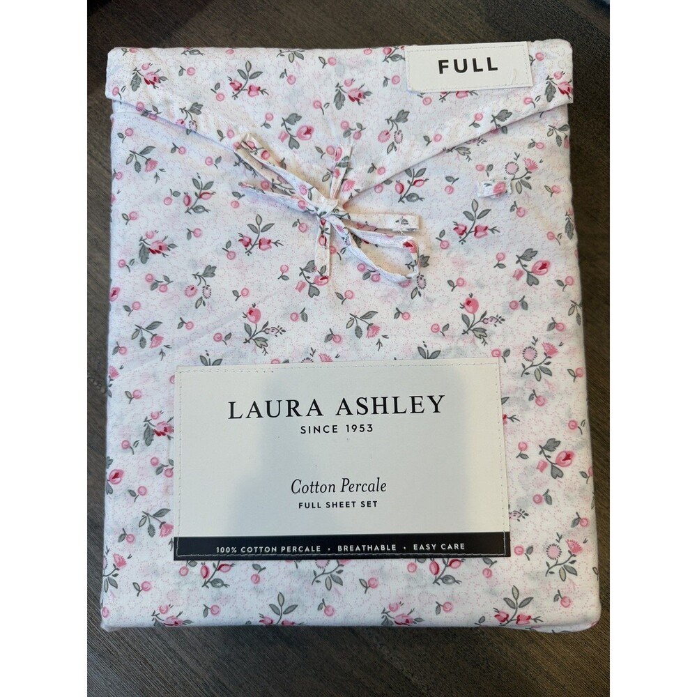 NEW Laura Ashley Aylesmore Ditsy Full Sheet Set Pink Floral Cotton Percale 4 Pc